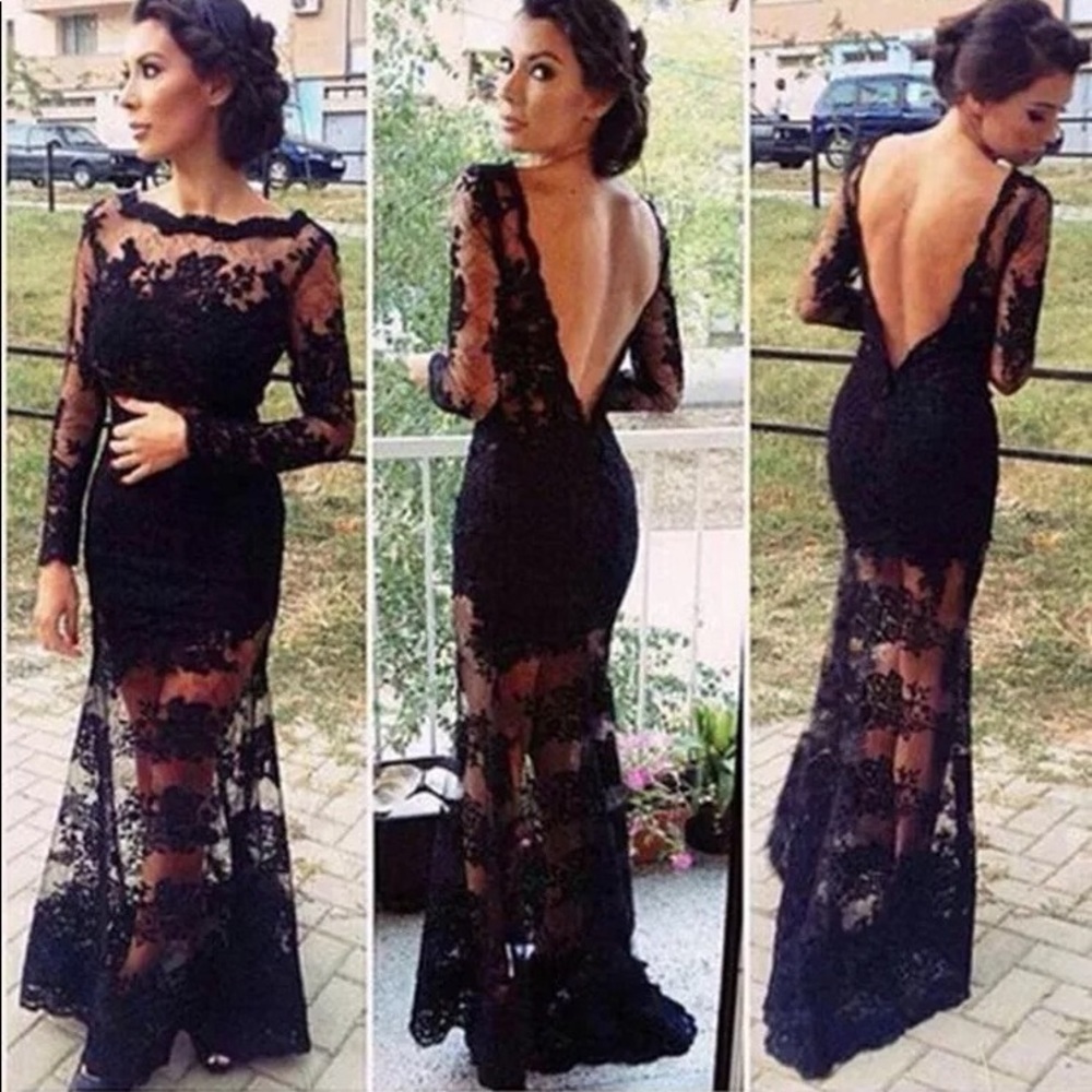 Black open back lace maxi DRC129 - Picture 1 of 6
